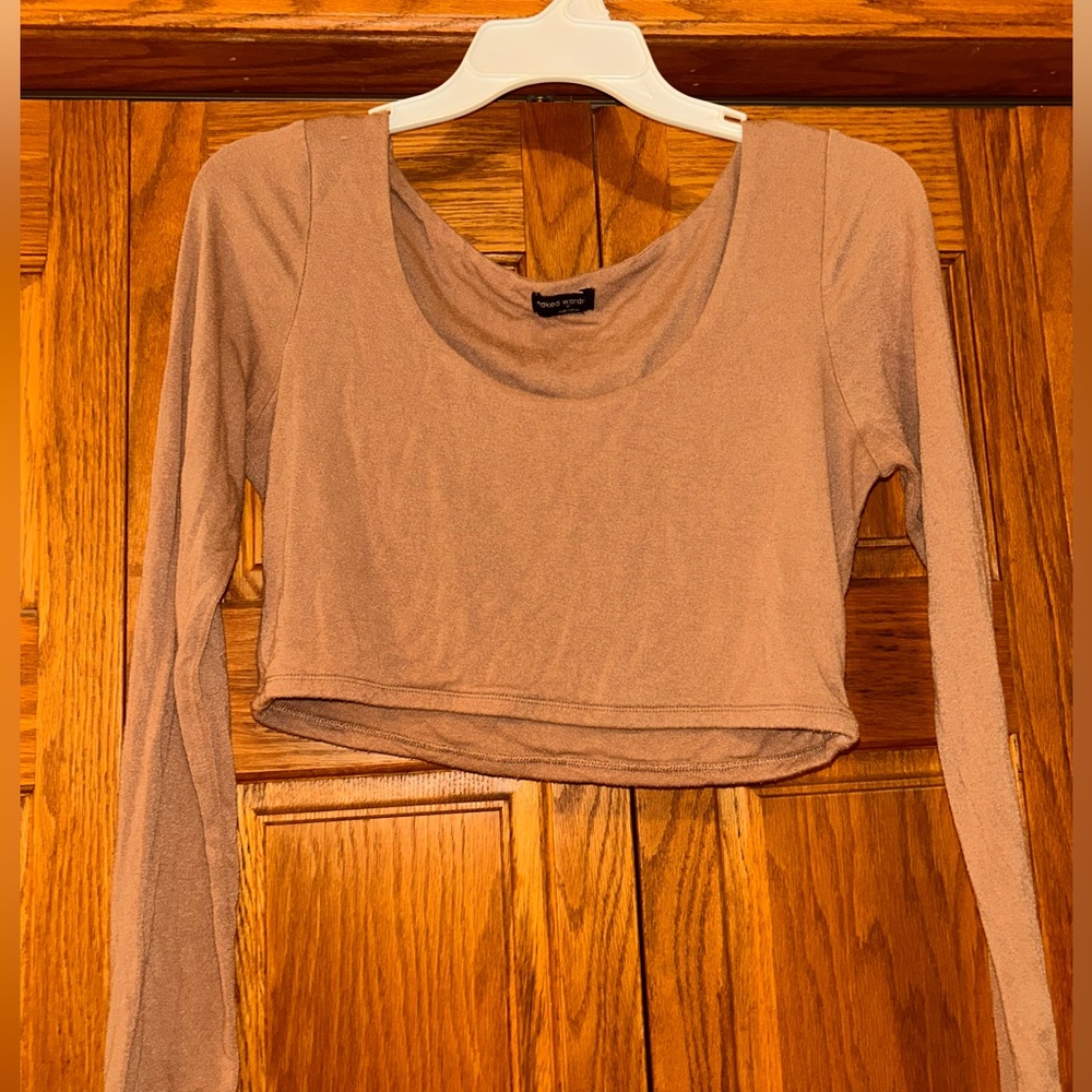 Naked Wardrobe Women’s Tan Long Sleeve Crop Top - Picture 2 of 6